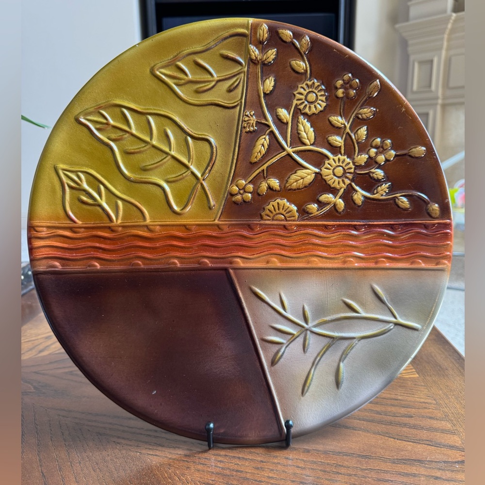 Brown and Gold Ceramic Art Plate/Charger with Embossed Leaf Designs